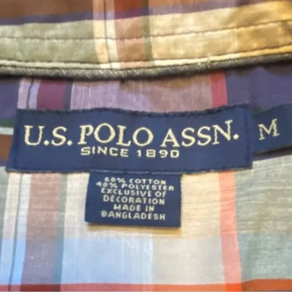 US Polo Assn Mens Medium Button Down Shirt Purple Plaid Collared Button Up Horse